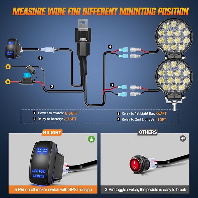 Nilight 2Pcs 4.5Inch LED Pods 42W 4200LM Round Flood Light Off Road Lights Fog Lights 12V 5Pin Rocker Switch Wiring Harness Kit-2 Leads, 2 Years Warranty
