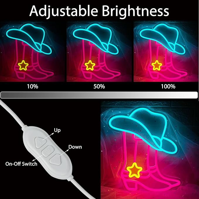Cowboy Boot Hat Neon Sign, LED Western Pink Cowgirl Boots Neon Lights for Wall Decor, Cowboy Hats Neon Light Up Signs USB Powered for Bedroom Art, Game Room Party, Birthday Party, Christmas Gift