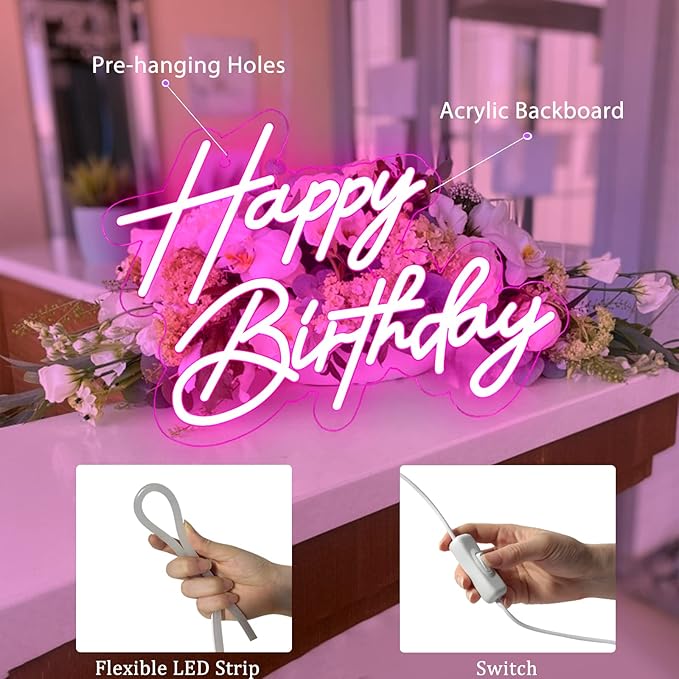Happy Birthday Neon Sign for Wall Decor, 17×12 Inch Pink Led Neon Light Signs, Art Decoration Happy Birthday Neon Light Sign for All Birthday Party Decoration with 2 Pcs pasters