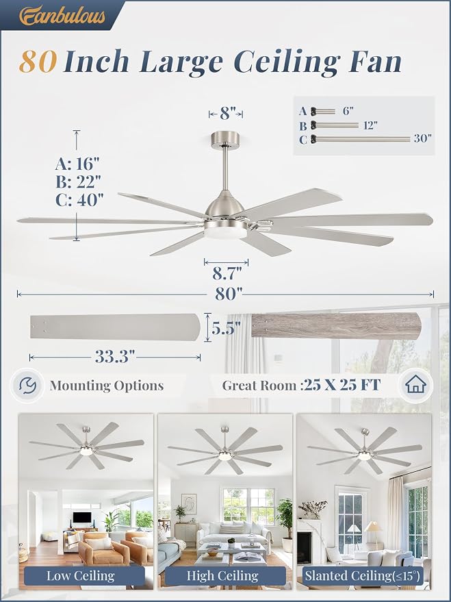 Fanbulous 80 Inch Outdoor Ceiling Fans with Lights,Nickel | Modern,6 Speeds,3CCT,Timer,Remote Control,Quiet Reversible DC motor,Large,8 Double-sided Blades,Easy Installation