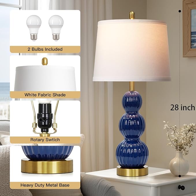 28" Navy Blue Table Lamps Set of 2 for Living Room, Modern Ceramic Bedside Lamps for Bedroom, Ribbed Gourd Table Lamps for Nightstand (2 LED Bulbs Included)