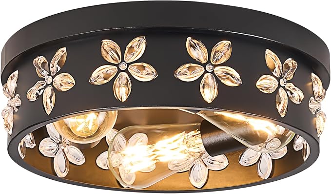 12.6 inch Black Flush Mount Ceiling Light Fixture | 3-Light, Industrial, Farmhouse, Bedroom, Living Room, Kitchen, Hallway, Foyer