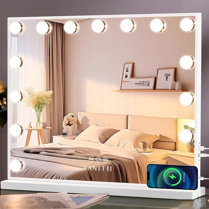 VANITII Hollywood Vanity Mirror with Lights USB Charging 22.8”*18.1” Lighted Makeup Mirror with 15 LED Bulbs Dimmable 3 Modes Tabletop for Cosmetic