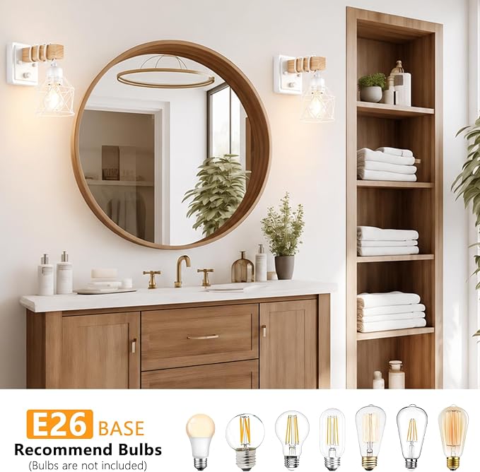 FadimiKoo Wall Sconces Set of Two, Farmhouse Hardwired White Wall Lamps with Wooden Arm & On/Off Dimmable Switch, Modern Bathroom Light Fixtures with Metal Shade for Living Room, Hallway, Bedroom