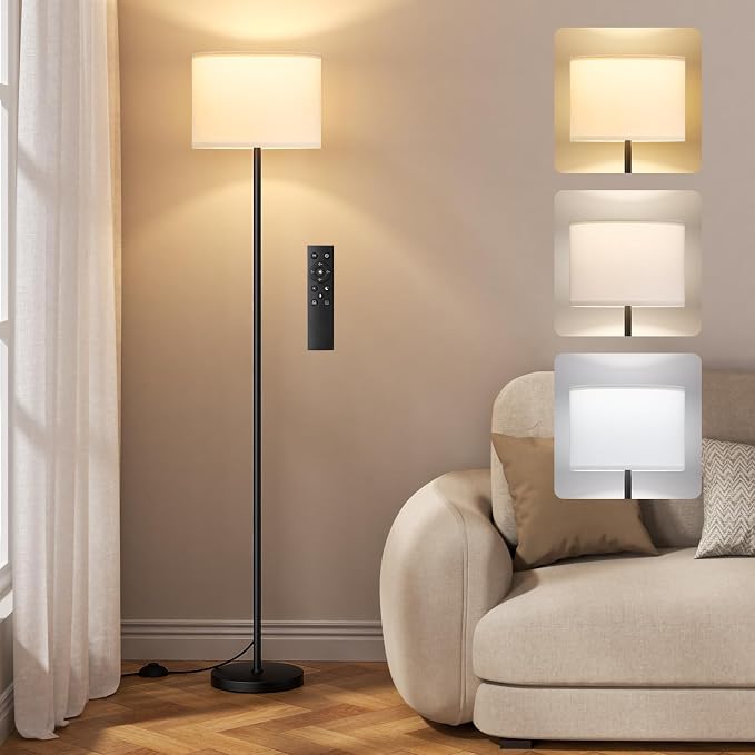 Dimmable Floor Lamp with Remote, 9W 900LM LED Bulb Included | White Shade Black Pole, Lamps for Living Room Bedroom