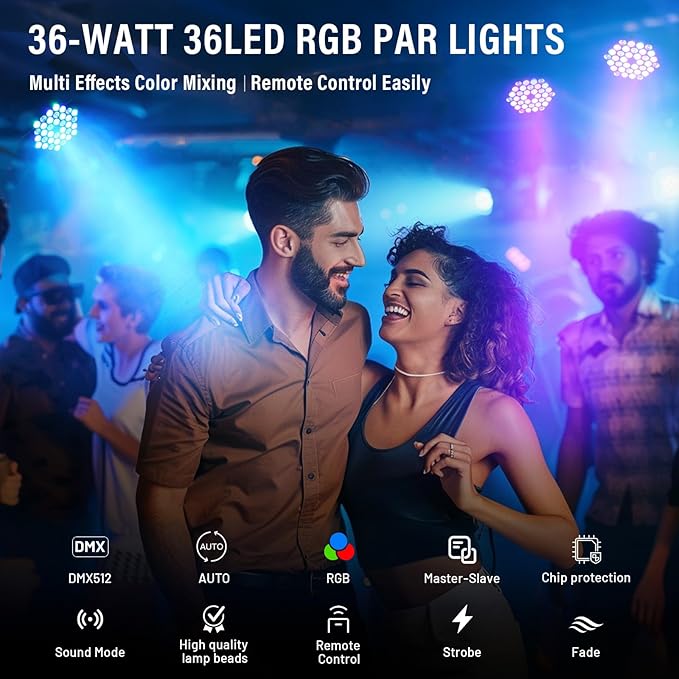 LED Stage Lights 2Pack - Czgor 36W RGB DJ Par Lights with Sound Activated Auto Play by Remote & DMX Control Uplights for Events Wedding Party Club Christmas Party Lighting