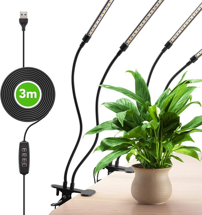 Grow Lights for Indoor Plants, 4 Heads Full Spectrum with Timer | 2 Pack,10ft long USB cable, auto on/off 3/9/12H timer, 10 dimmable brightness, for succulents, herbs & seedlings