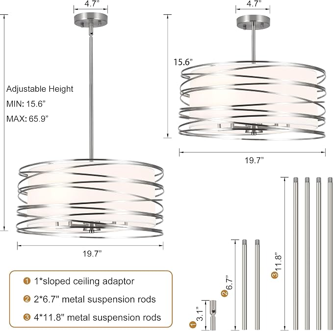 ACNKTZ 19.7'' Brushed Nickel Drum Chandeliers for Dining Room, 5-Lights Kitchen Chandeliers Over Table, Entryway Light Fixture Hanging, Industrial Round Chandelier for Living Room Stairwell Bedroom