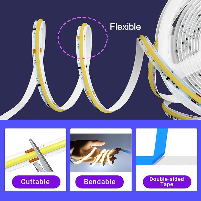 GUPUP 10 ft 5V COB Turnable Rope Light, Warm White USB LED Strip Light, 3000K 960 LEDs Density Lighting Strip, 3M Adhesive, CRI≥90, for Cabinet, Kitchen, Mirror, Home Decoration