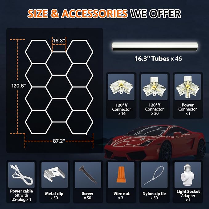 Black Hexagon Garage Lights 11 Hex, 6500K 38640 LM Super Bright Honeycomb LED Garage Ceiling Lights, Premium Car Detailing Lighting for Garage, Workshop, Gym, Barber Shop, Basement