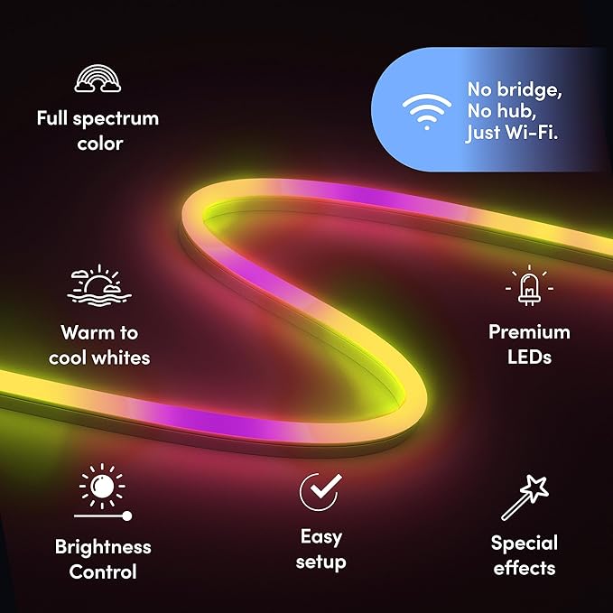 LIFX Supercolor Neon Flex Light Strip, 16ft Bendable RGBW LED Smart Neon, 60 Addressable Color Zones with Polychrome, Wi-Fi No Hub Required, Compatible with Alexa, Google, Apple HomeKit, LFXNEON16