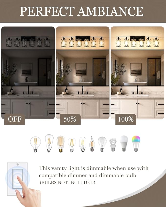6-Light Matte Black Bathroom Light Fixtures Over Mirror, 42" UL-Listed Modern Wall Sconce Lights with Clear Glass and Metal Cage for Bath, Hardwire E26, CH9176BK-6W