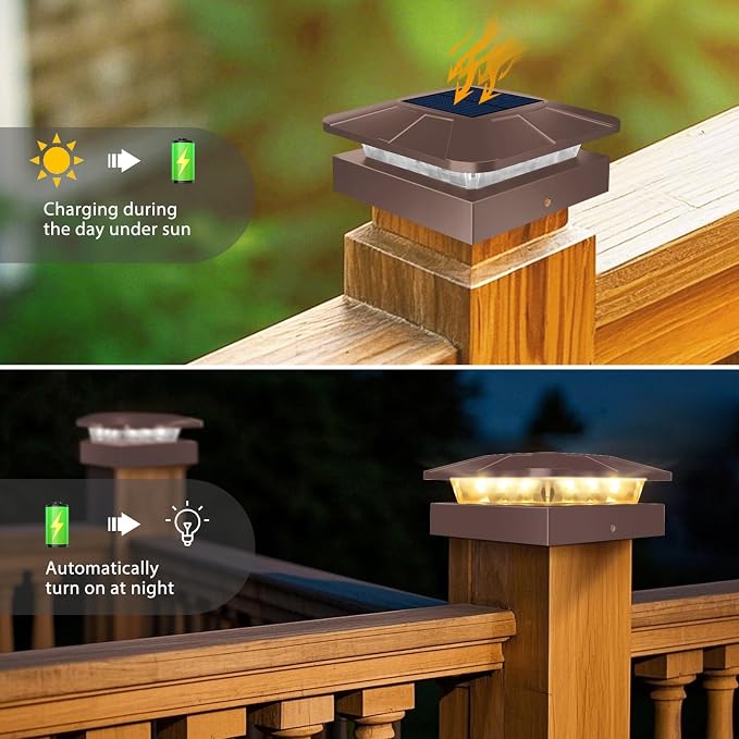 16 Packs 4x4 Brown Post Solar Lights 3 Lighting Modes | Solar Powered Cap Lights Fits 4×4/3.5×3.5 Wood/Vinyl Posts, Waterproof Post Top Light Outdoor for Fence Deck Mailbox Porch