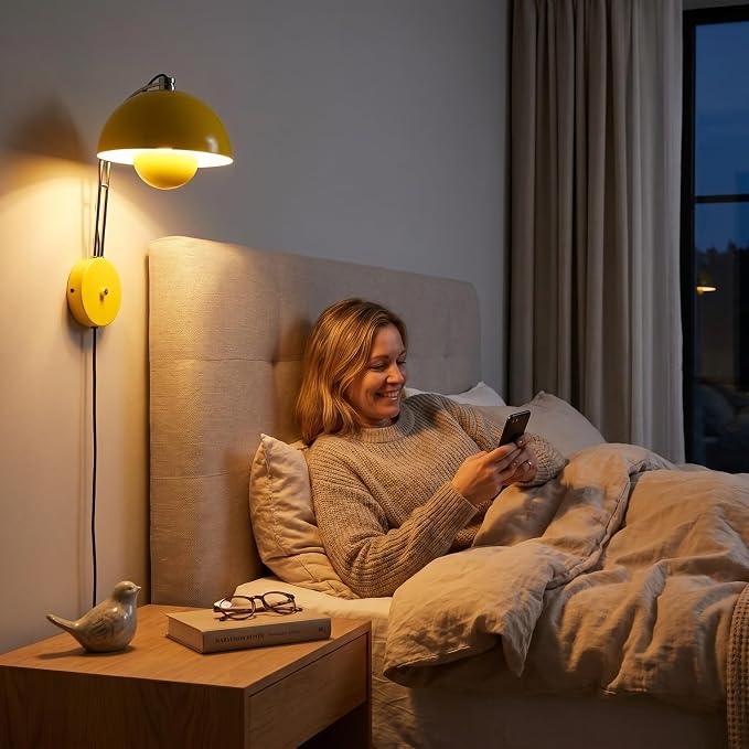 Mid-Century Modern Bud Plug in Wall Sconces for Bedroom, Lemon Yellow | Indirect lighting reading wall lamp, all-metal construction, plug-in or hardwired install, fits bedroom bedside, living room