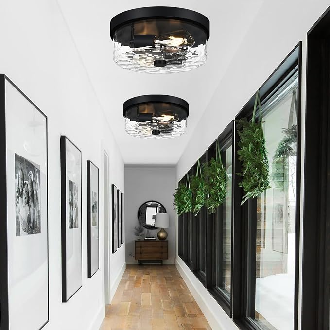 szzgco Flush Mount Ceiling Light Fixtures, 2-Light Black Ceiling Mount for Farmhouse with Water Ripple Glass Lampshade, Industrial Flush Mount Light Fixture for Hallway, Kitchen, Entryway and Foyer
