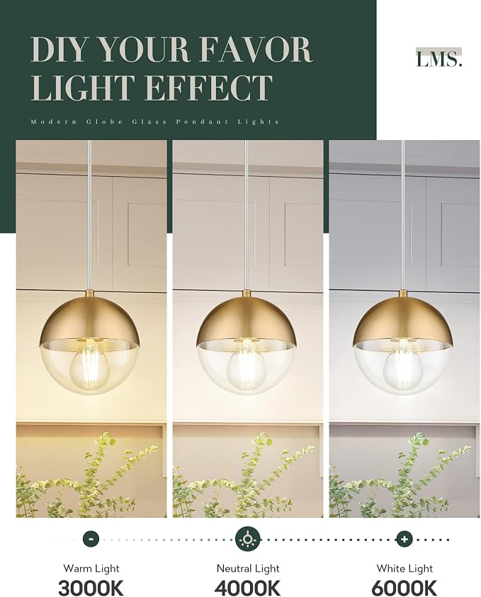 6-inch Modern Pendant Light, Brushed Gold Industrial Kitchen Island Pendant Light with Clear Globe Glass, Adjustable Hanging Pendant Light Fixtures for Dining Room Living Room, LMS-186BGCS