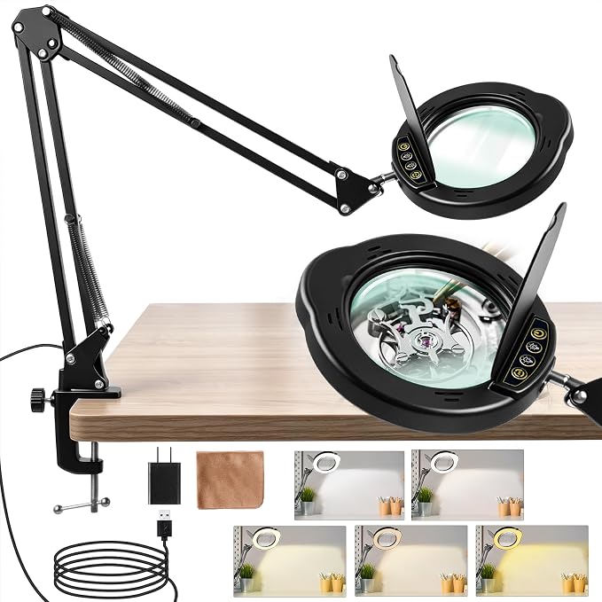 Large 10X Magnifying Glass with Light and Stand, LED Desk Lamp with Clamp, 5 Color Mode, 10 Dimmable Levels, Hands Free for Reading Crafts Jewelry Sewing Close Work