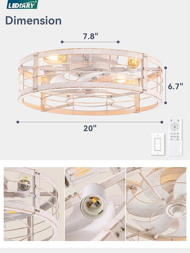 LEDIARY 20" White Gold Caged Low Profile Ceiling Fan with Light and Remote | Flush Mount, Bladeless Enclosed Fandelier, 6 Speed, Quiet Powerful DC, Rustic,Farmhouse, Small, Bedroom, Kitchen, Indoor