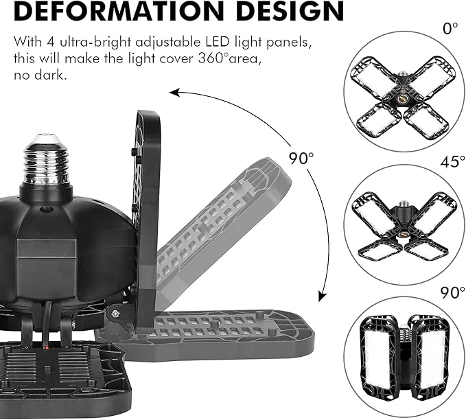 LED Garage Light 4 Pack, 120W Ultra Bright LED Shop Light with 4 Adjustable Panels, 12000LM E26/E27 Base Deformable Ceiling Fixtures for Garage, Workshop, Attic, Basement, Barn (Black-4 Pack)