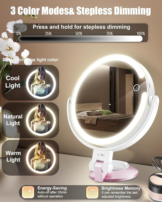 30X/1X Wall Mounted Magnifying Makeup Mirror with Power Suction Cup, Rechargeable Double Sided Regular HD/Magnification 3 Color Modes Adjustable Brightness Mirror with Lights for Bathroom, Travel