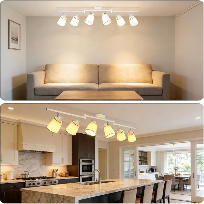 HiBay 6-Light Track Lighting Fixture Ceiling, Directional Modern White Fabric Track Spotlight Flush Mount for Dining Room, Bedroom, Living Room, E26 Base (Bulbs Not Included)