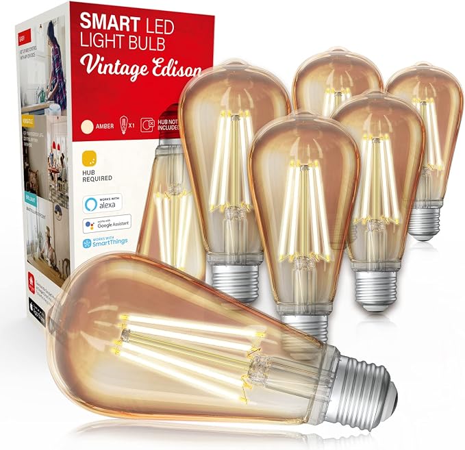 Sengled Zigbee Smart Edison Bulbs, Smart Hub Required, Work with SmartThings and Echo with Built-in Hub, Voice Control with Alexa and Google Home, Amber Warm 2000K LED E26 Edison Bulb, 60W Eqv. 6 Pack