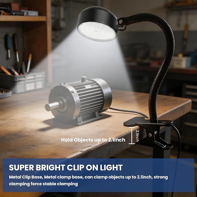 15W Clamp Light,6000k LED Work Light with Flexible&Strong Clip,LED Machine Light with Flexible Gooseneck,Shop Tool Lamp for Work Bench,lathe,Sewing Machine,Grill,Shop,Industrial Lighting