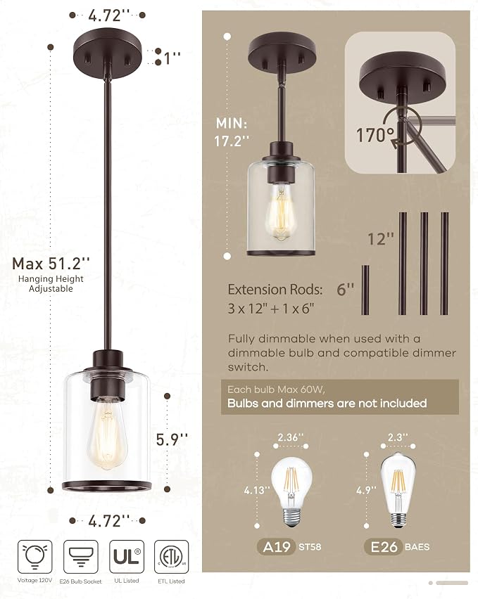 Beionxii Pendant Lights Kitchen Island, Oil Rubbed Bronze Hanging Light | Farmhouse Pendant Lighting, Hanging Pendant Light with Rods for Kitchen Island Dining Room Bedroom Entryway,BX-PL02ORB-2CG+R