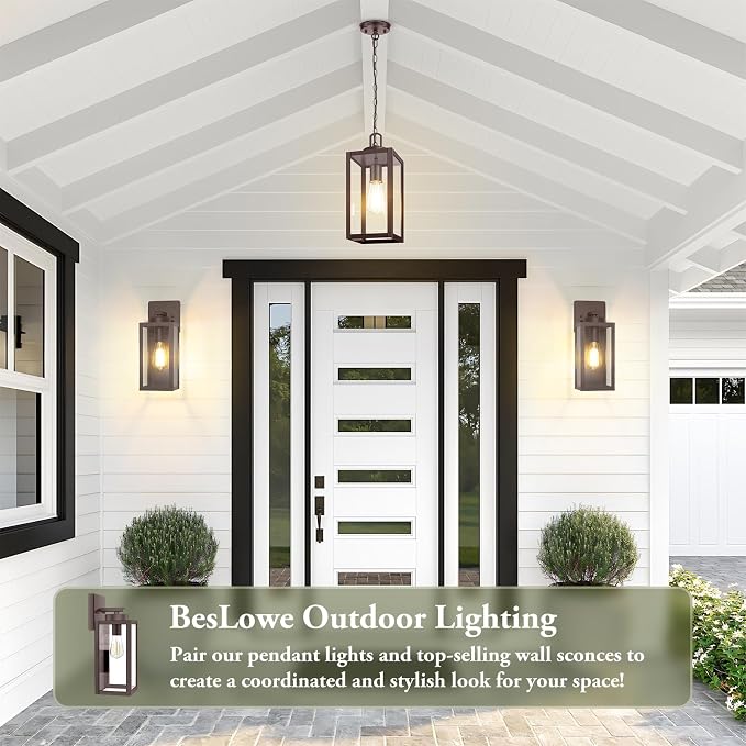 Outdoor Pendant Light, Modern Hanging Lantern for Porch, Brown | Hanging Height Adjustable, Waterproof, Rust-Resistant, Durable Metal & Clear Glass, Standard E26 Sockets, Easy to Install