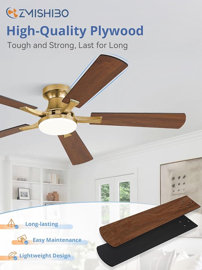 ZMISHIBO 52 Inch Ceiling Fans with Lights, Remote&App Control, Flush Mount | Low Profile, Dimmable 20W LED Light, Quiet Reversible Motor, Strong Airflow, Easy Install for Bedroom/Living Room/Apt, Gold