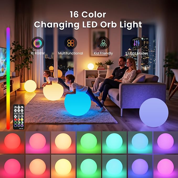 LOFTEK 20-inch Rechargeable LED Ball Light, Large Floor Lamp, Mood Lights | 16 RGB Color Changing, Waterproof Floating Pool Lights, Dimmable Globe Lamp for Home Garden Patio Lawn Party Decor