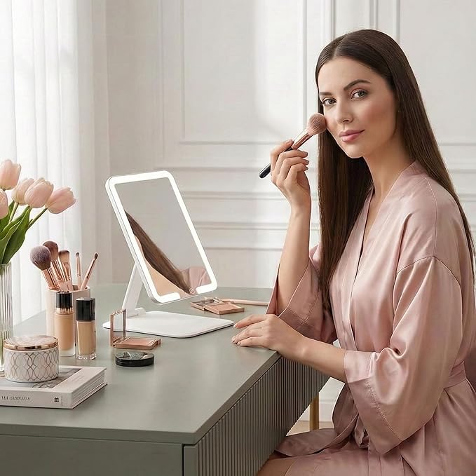 Fancii Rechargeable Travel Makeup Mirror with Bright LED Lights and 3 Color Modes - Ultra Thin, Portable and Lightweight, Touch Dimming, Compact Folding Mirror, Lighted Vanity Mirror, Nora Mini