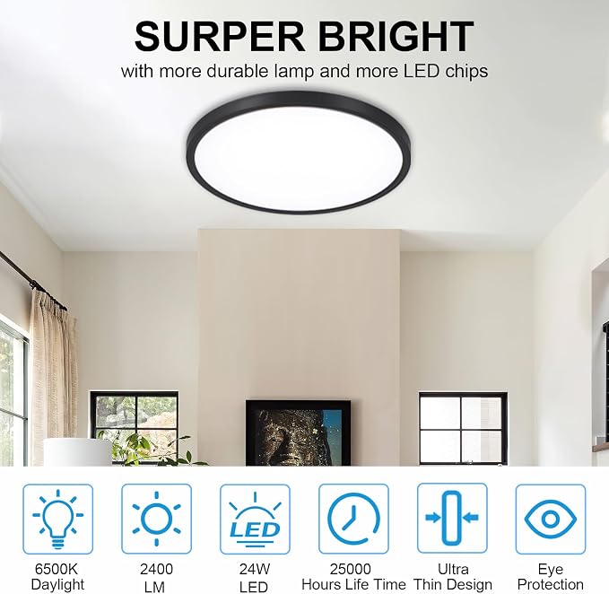 4Pack LED Flush Mount Ceiling Light: 12 inch Super Slim Dimmable & 5CCT (2700-6000K) Kitchen Lighting Fixtures Ceiling - 24W Black Low Profile Ceiling Lamp for Bedroom Garage Hallway