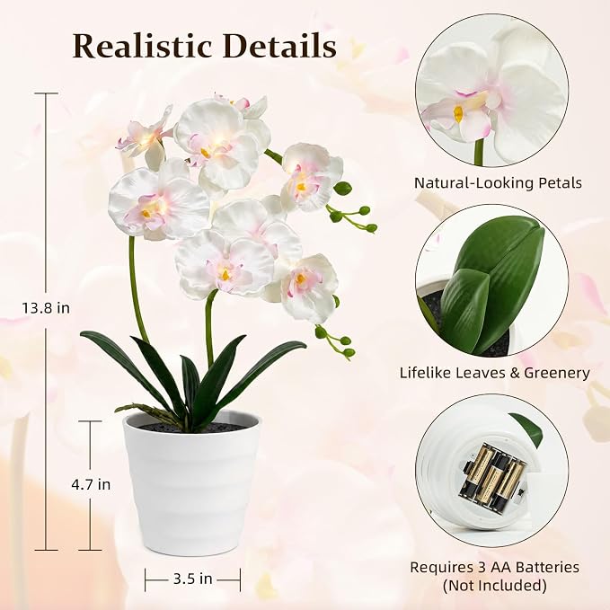 Orchid Artificial Flowers Lamp LED Night Light Home Decor | realistic orchid design, soft warm led glow, artificial flowers decor, night light, bedroom decor, desk lamp, home decoration