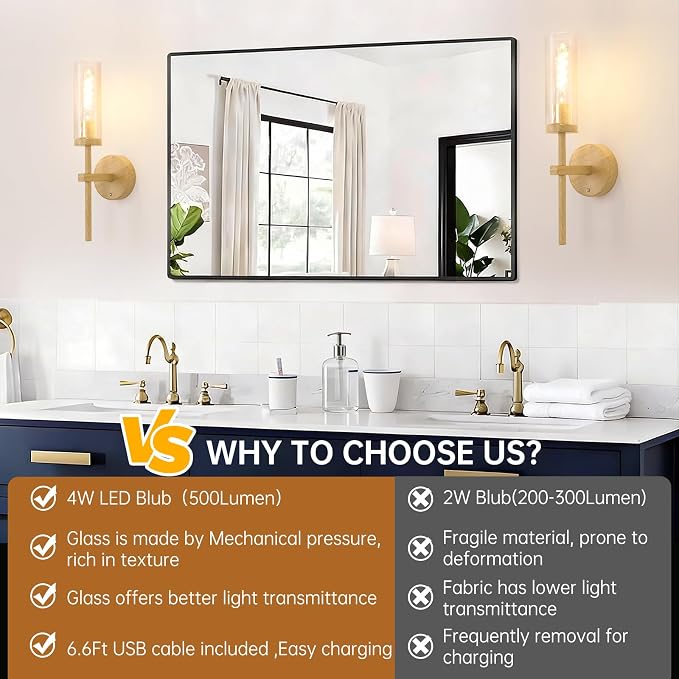 Shenmoyl Battery Operated Wall Sconces Set of 2, Beech Color Rechargeable Wall Lighting Fixtures, Dimmable Wall Lights with Remote & Clear Glass Shade for Living Room, Bathroom,Bedroom
