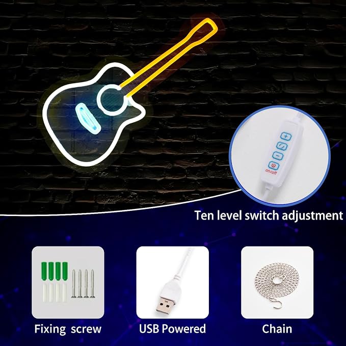 Guitar Neon Light, Dimmable LED Guitar Neon Wall Sign USB Powered, Decorations for Bedroom Living Room Man Cave Music Studio, Gift for Guitar Players Guitarists Music Lovers