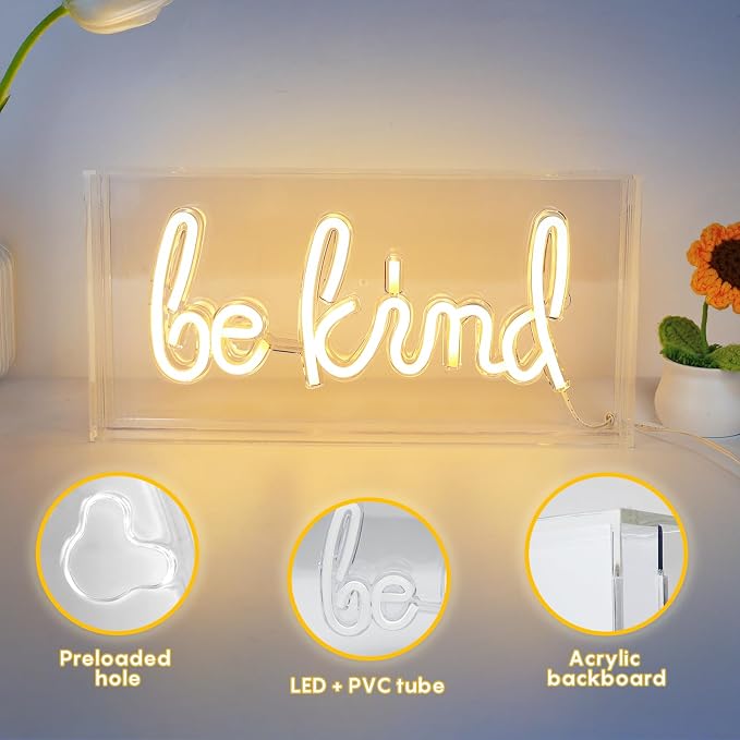 Be Kind Neon Sign, USB Powered LED Neon Light Box with ON/OFF Switch, 3D Acrylic Tabletop and Wall Decor for Girls Room, Bedroom, Classroom, Dorm, Home Office, Shelf, Christmas Birthday Gift (Warm White)