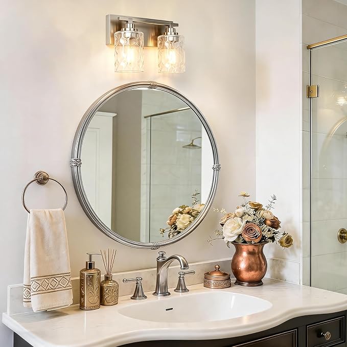 Modern Bathroom Lighting Fixtures Over Mirror, Vanity Lights for Bathroom, Wall Sconces with Clear Glass Shades, E26 Ceramic Socket, 2-Light 14-inch Brushed Nickel