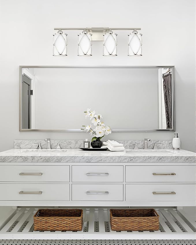 4-Light Brushed Nickel Bathroom Light Fixtures with Milk Frosted Glass, 29" Modern Bathroom Vanity Lighting Fixtures Over Mirror with Metal Cage, Wall Sconce Lights for Bath, E26, CH9176BNW-4W