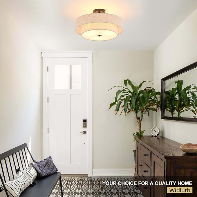 Modern Semi Flush Mount Ceiling Light 18" Modern 3-Lights Black Drum Ceiling Lighting Fixture with Linen Shade Vintage Ceiling Lamp for Kitchen, Basement, Laundry Room, Bedroom