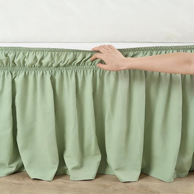 RIMELA Bed Skirt Twin Size 15 Inch Drop, Wrap Around Elastic Bedskirt for Home, Room Decoration for Women, Pleated Adjustable Dust Ruffle, Light Green, Easy to Install