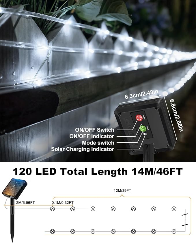 btfarm Solar Rope Lights, 120LED 46FT String Lights Outdoor Waterproof | 8 Modes, Timer & Memory Function, Tube Trampoline lighting for Outside Garden Tree Christmas Yard Patio Decor, Cool White
