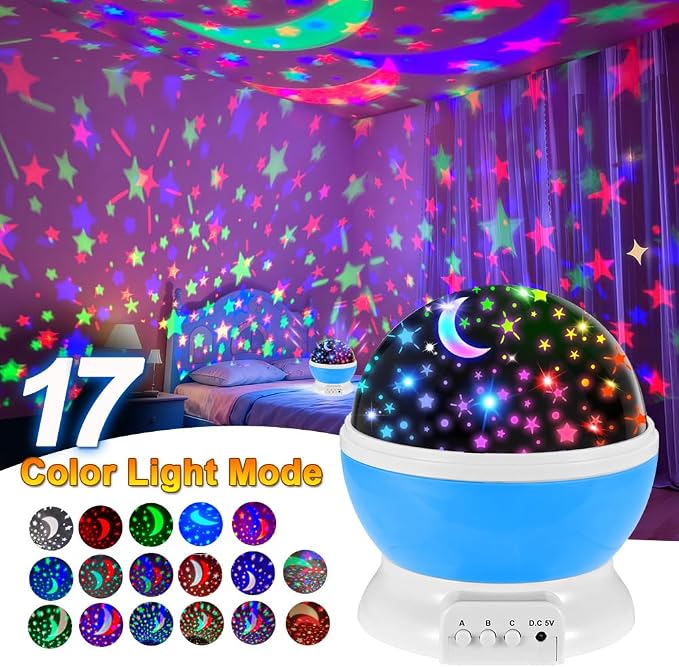 LED Lights USB or Battery Night Light,Bedroom Lights Stars and Moon Night Light for Kids, Stars and Moon Projector Color Changing Lights,Rotating Portable Room Projector Birthday Gifts.（Blue）