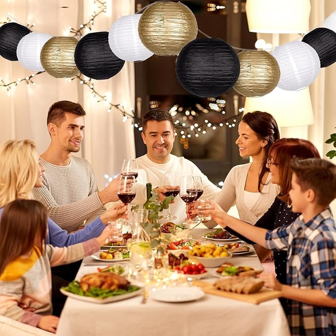 Paper Lanterns Party Decorations,12pcs Gold Black White Hanging Paper Lantern for for Wedding Graduation Anniversary Birthday Party Decorations