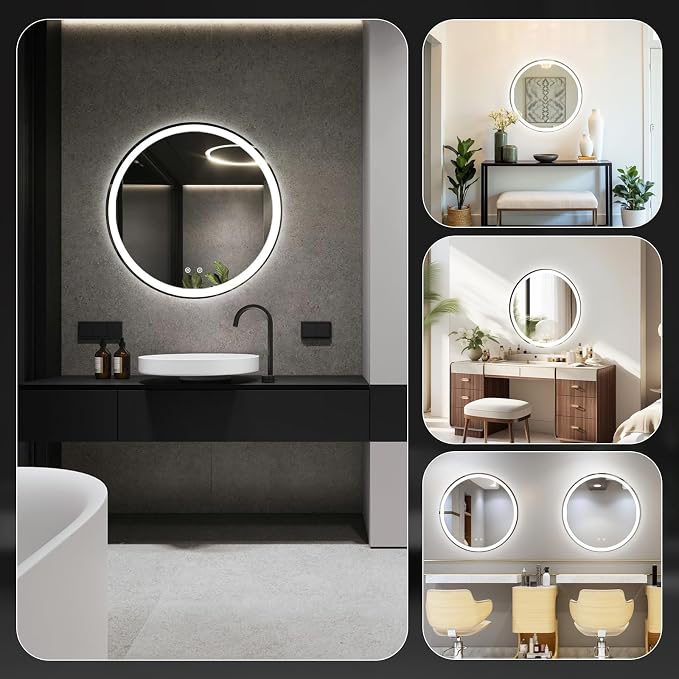 Sweetcrispy 30 Inch Round LED Mirror for Bathroom with Lights, Circle Vanity Mirror with Anti-Fog, Dimmable, 3-Color Light, Memory Function, Tempered Glass