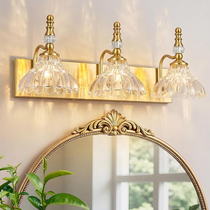 Vintage Bathroom Vanity Light, 3-Light Gold Vanity Lighting Fixture with Flower Glass Shade, Bathroom Lighting Fixtures Over Mirror