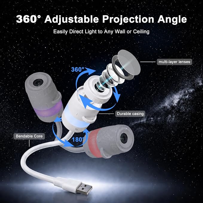 2-in-1 Galaxy Projector Night Light with 13 Films, USB Star Projector | Multicolour LED Light, 360° Rotating Projection, Adjustable Brightness, Easy Controls, Eye-Friendly Light, Ideal for Bedroom