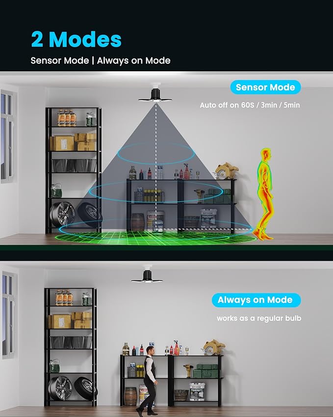 Motion Sensor Garage Light, 80W, 8000LM, E26 Screw in, 1 Pack | Remote & Wall Switch Control, Deformable LED Panels, 6500K Daylight, 360° Detection for Basement Attic