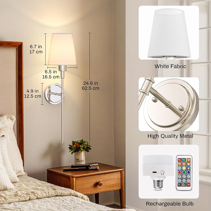 Battery Operated Wall Sconce: Set of 2 Wireless Wall Light 12000mAh | 15 Color Rechargeable Wall Sconces, Sconce Wall Decor Set of 2 for Bedroom, Living Room, Nickel, 24.6in