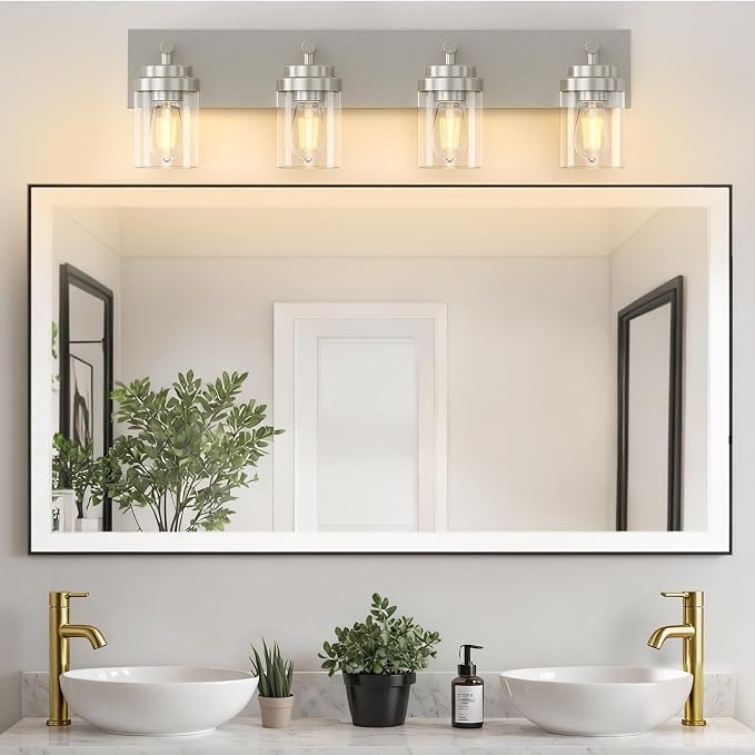 IZORRO Bathroom Vanity Light Fixture, 4-Light 30 Inch Brushed Nickel Bathroom Light Fixtures Over Mirror, with Clear Glass Shade, Modern Farmhouse Vanity Lights, Rustic Restroom Lighting Fixtures